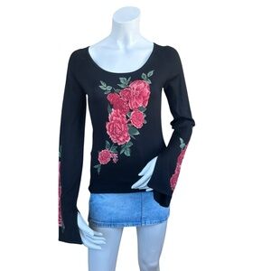 Y2K Cache Black Slit Bell Sleeve Silk Blend Rose Beaded Print Sweater Size Small